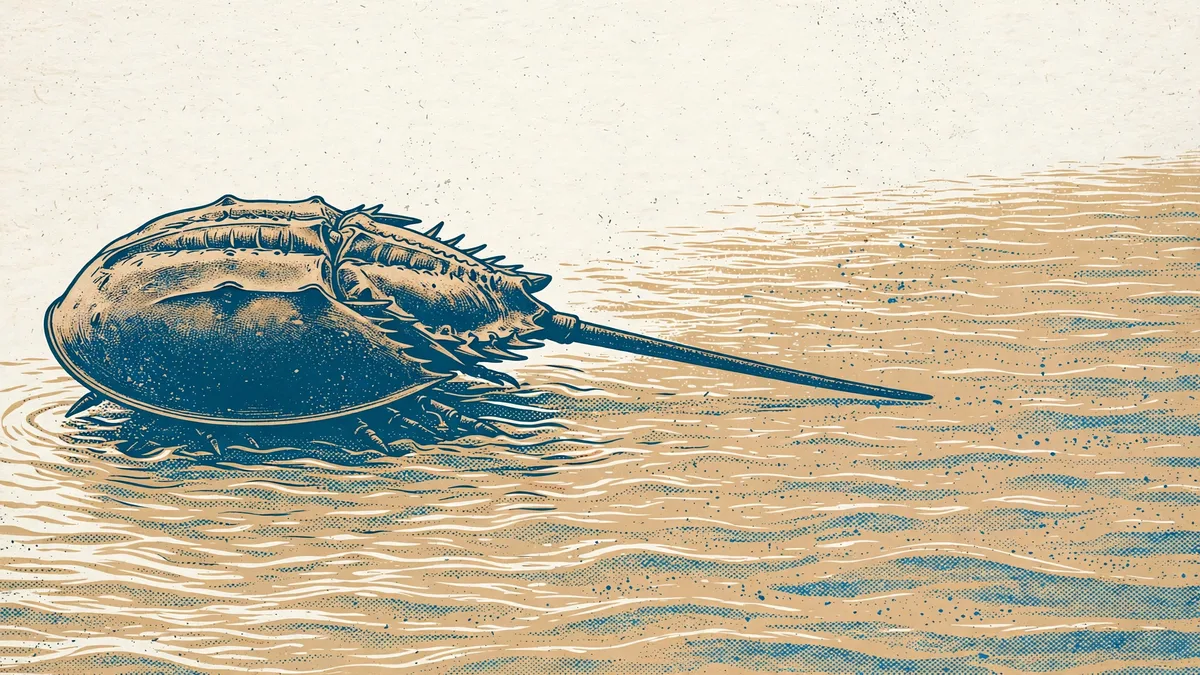 Duotone risograph illustration of a horseshoe crab crawling on wet sand