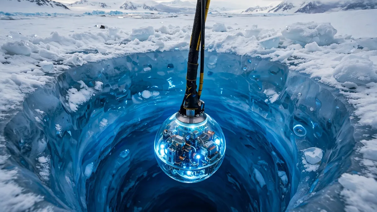 Illustration of glowing sensor spheres being lowered on a cable into a deep hole in Antarctic ice