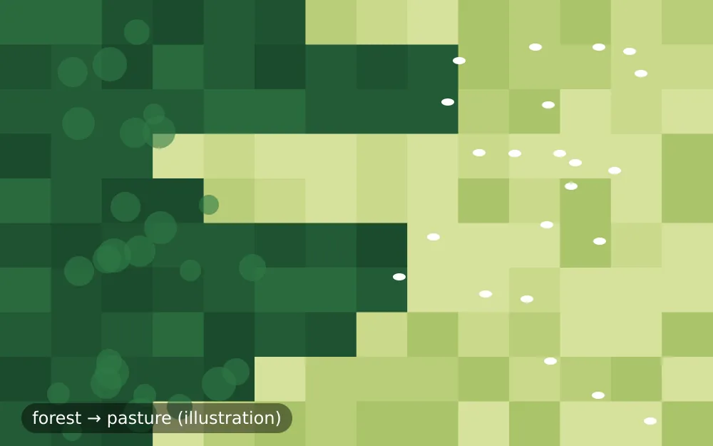 Aerial-style illustration of dark green forest squares on the left giving way to light green pasture squares dotted with cattle on the right
