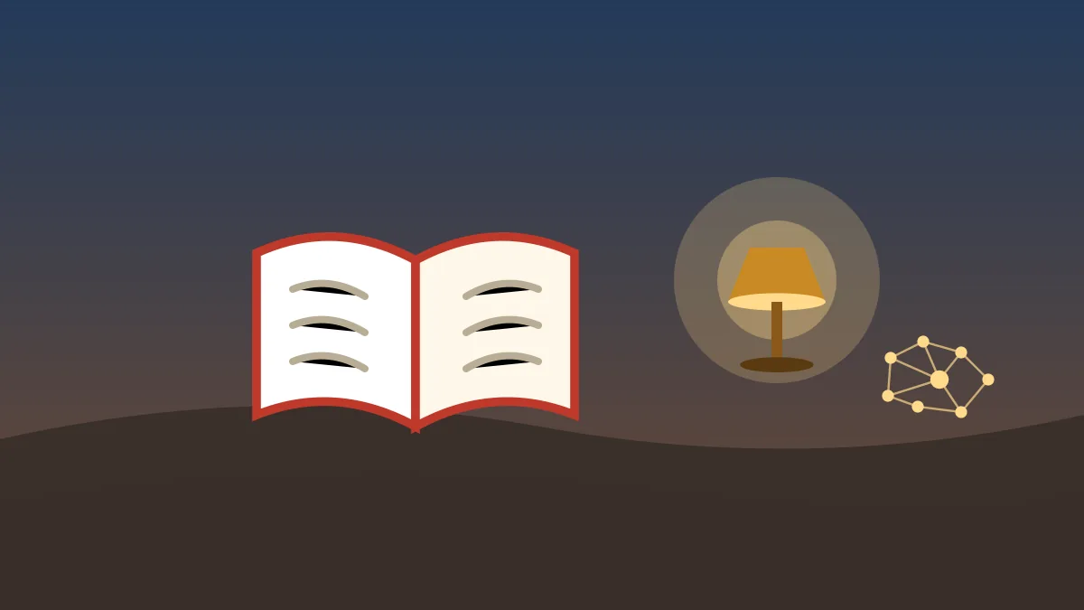 Illustration of an open book and a glowing lamp with a small network of connected dots