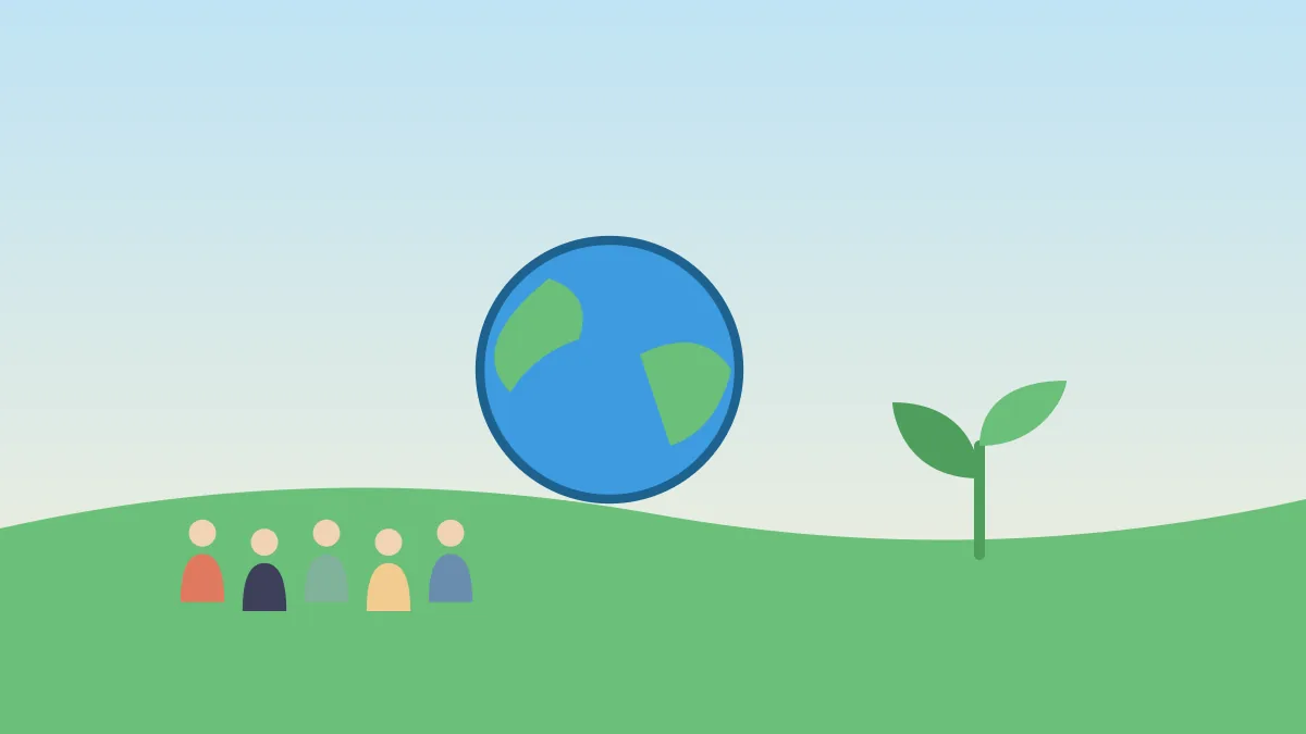 Illustration of a globe with a group of people and a young green plant, symbolising a growing community