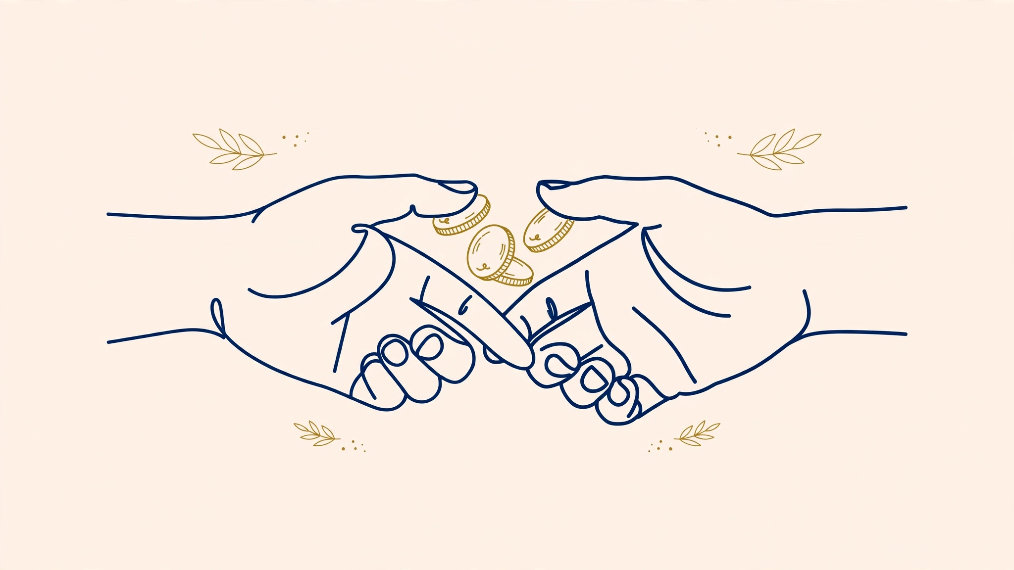 Minimal navy and gold line art of interlocking hands exchanging coins