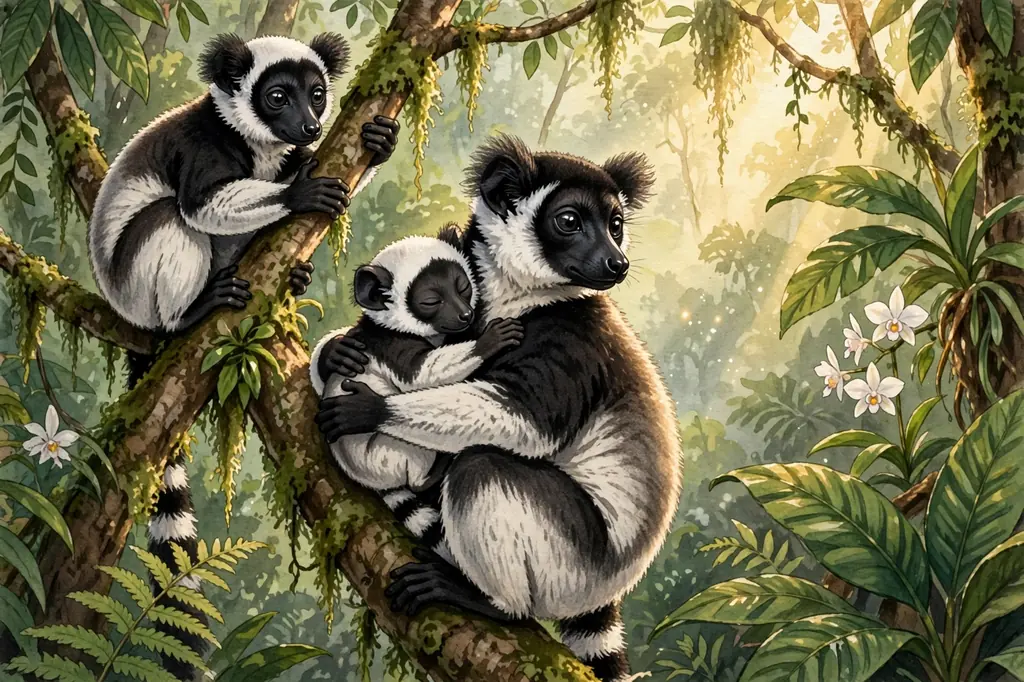 Illustration of an indri lemur family resting in the rainforest canopy
