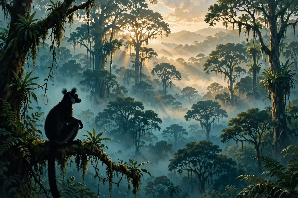 Misty Madagascar rainforest at dawn with an indri silhouette on a branch