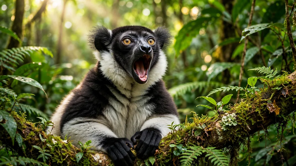 Photo-illustration of an indri lemur singing with its mouth wide open in a Madagascar rainforest