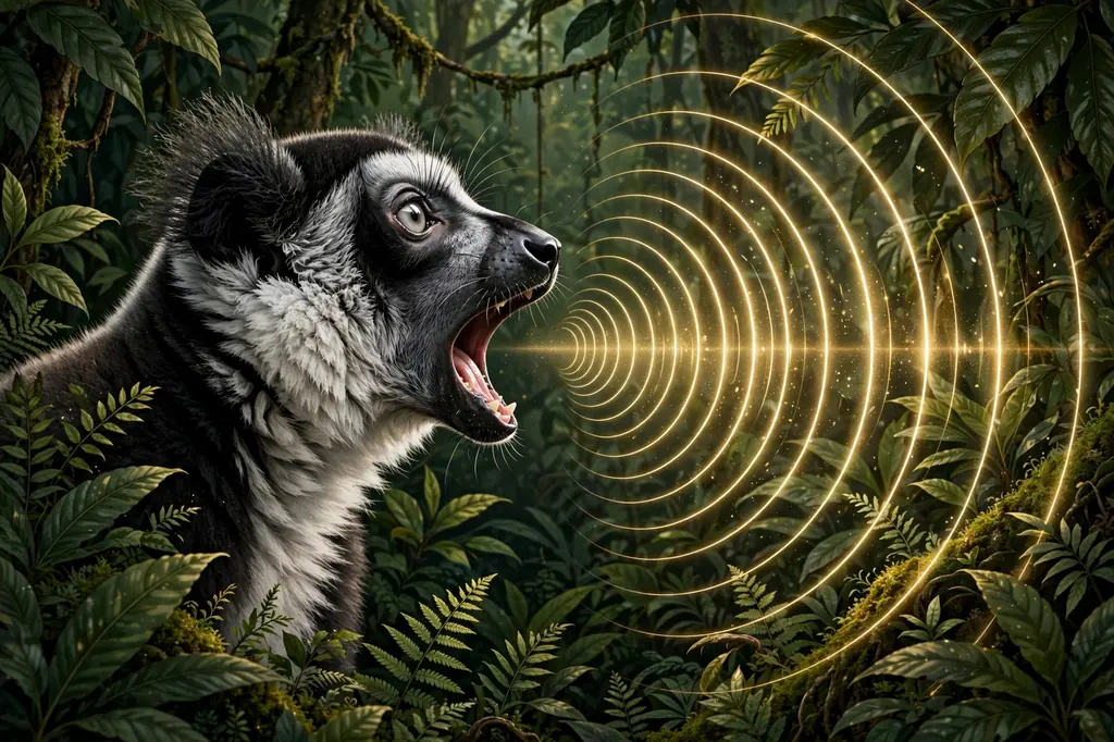 Illustration of sound waves traveling from a singing lemur's open mouth through forest leaves