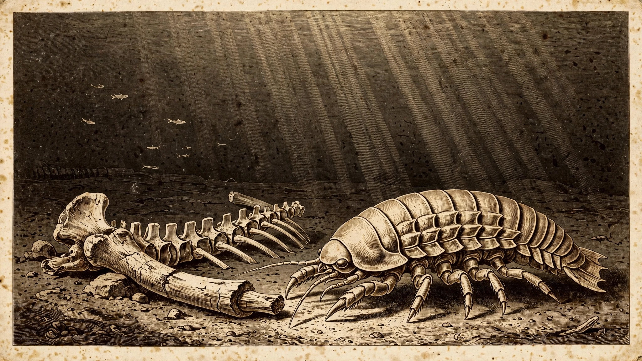 Engraved illustration of a giant isopod scavenging on the dark ocean floor beside a whale bone