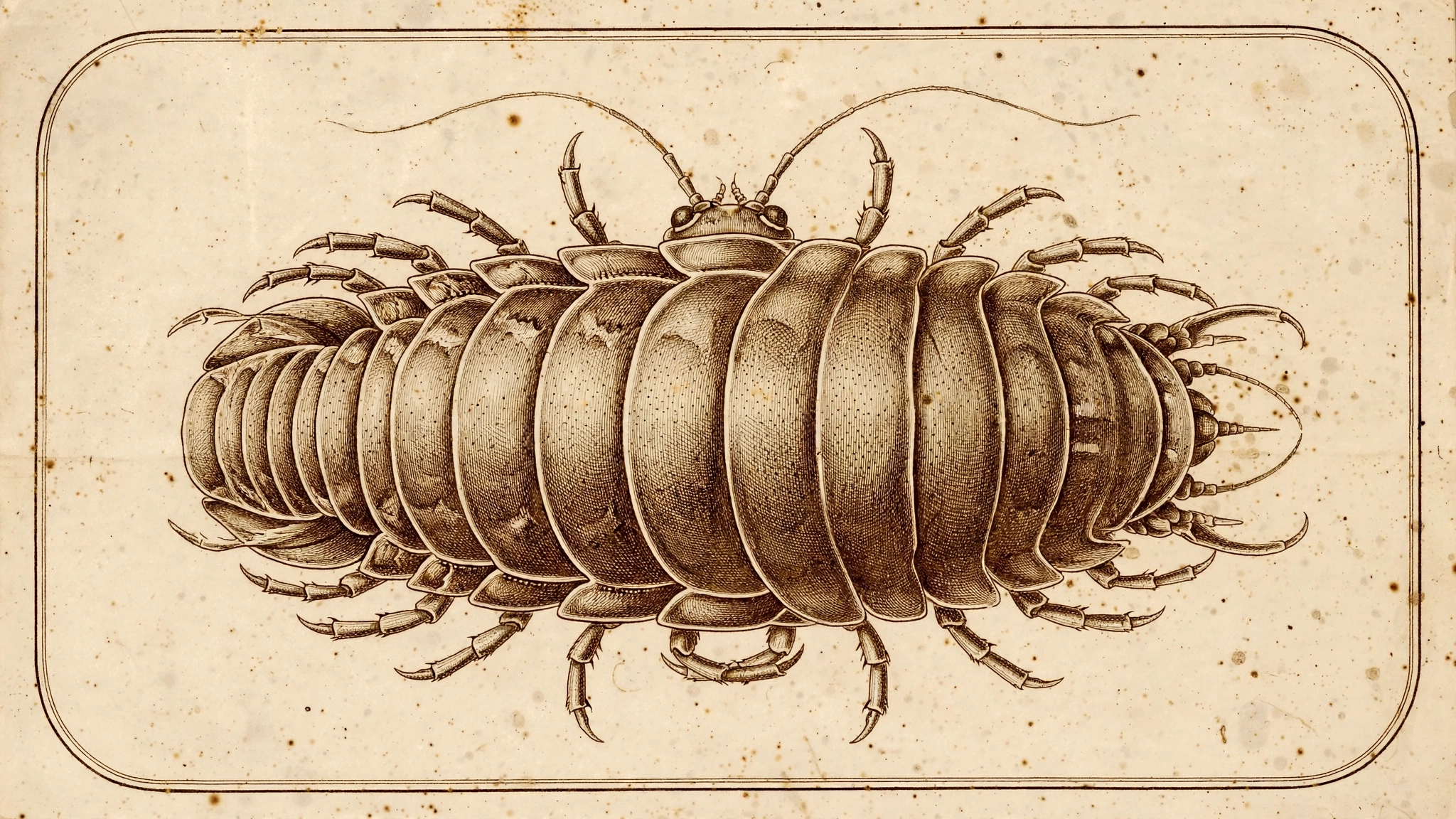 Victorian engraving style illustration of a giant isopod