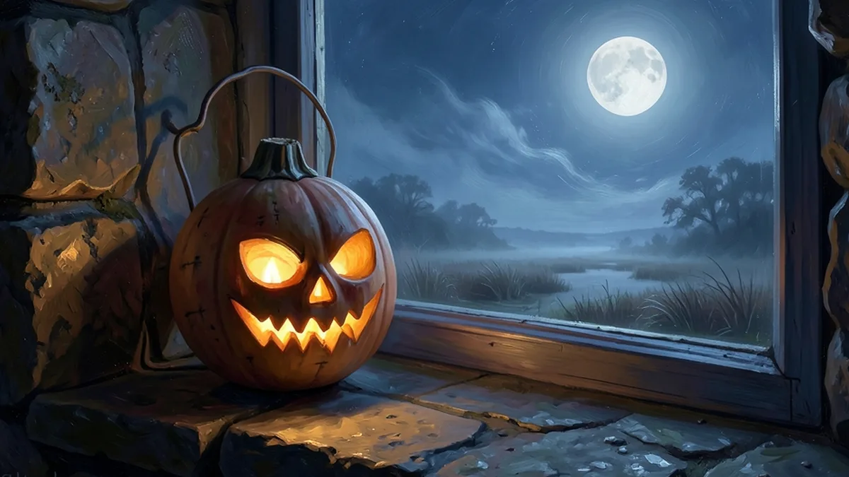Glowing carved lantern with a jagged grin on a stone cottage windowsill, with a misty moonlit bog outside