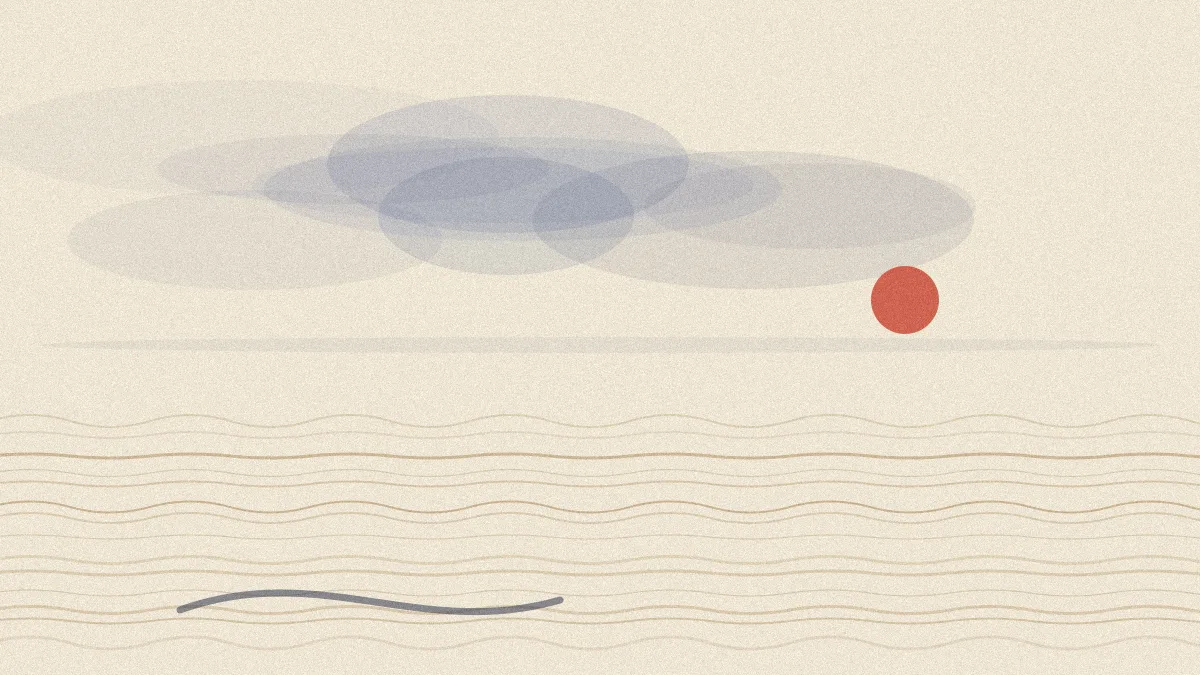 Abstract watercolour wash of soft indigo clouds above sand-coloured tide lines, with one small vermilion sun