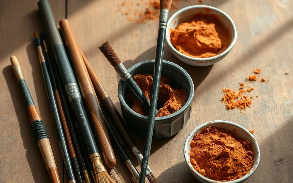 Paintbrushes and small bowls of orange natural pigment on a wooden table in sunlight