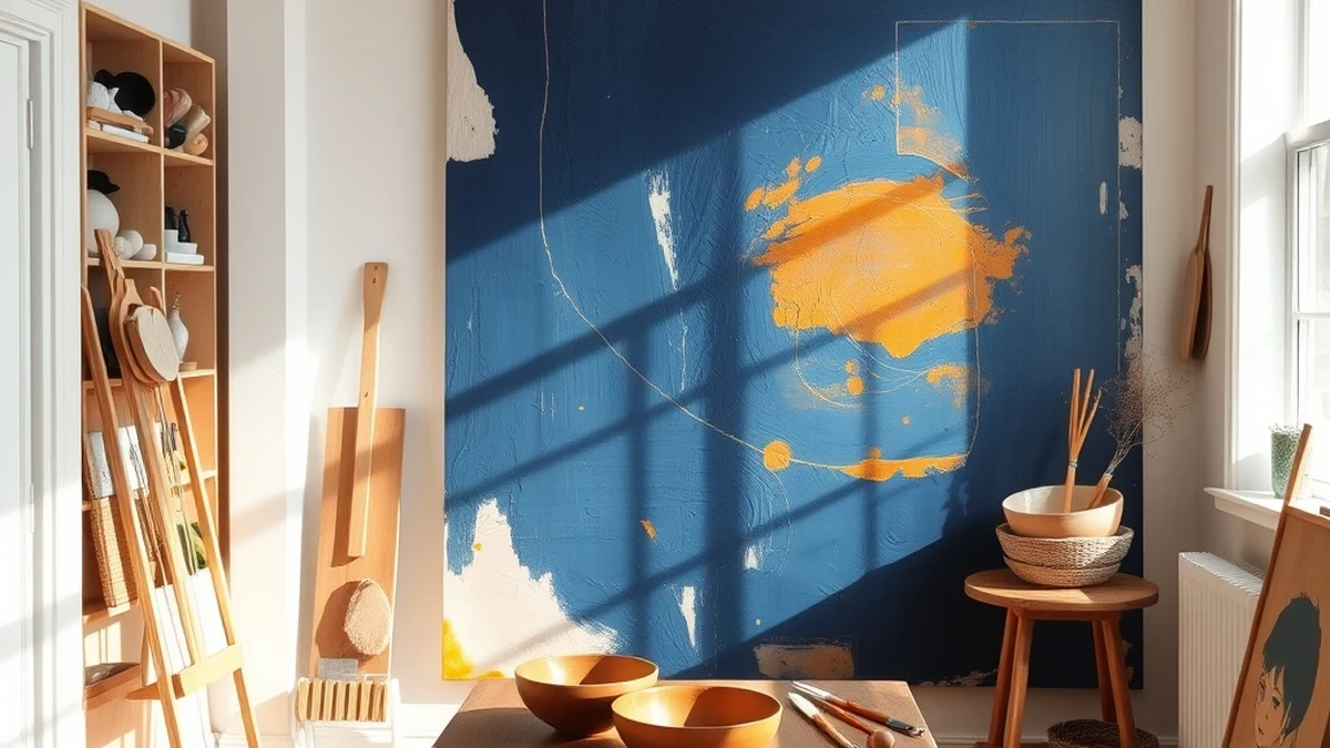 jaume amigo studio canvas A painter's studio at dawn with a large abstract canvas in deep blue and ochre, pigment bowls and brushes on a table