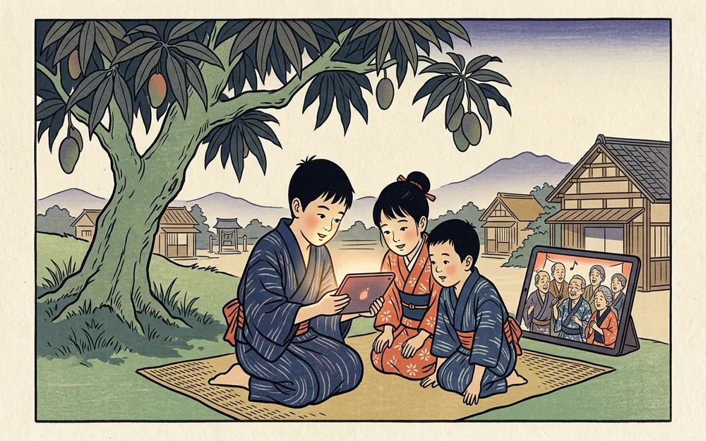 Ukiyo-e style illustration of three children under a mango tree watching elders on a glowing tablet