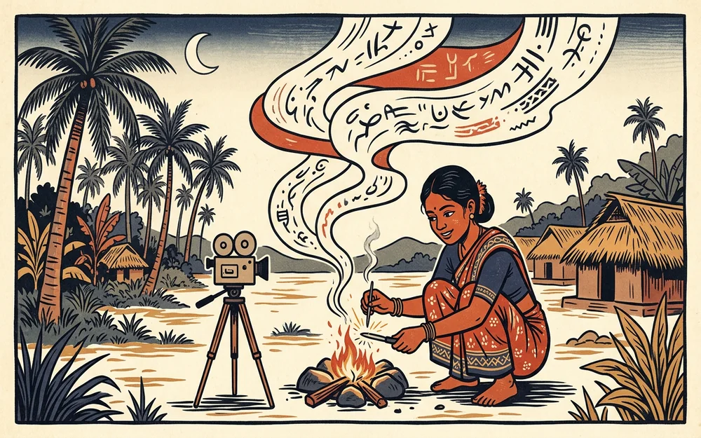 Ukiyo-e style illustration of a woman documenting traditional fire-making on camera with scroll-like knowledge rising from the fire