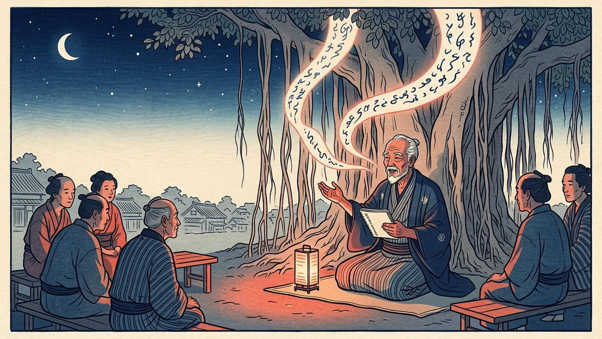 Ukiyo-e style illustration of a storyteller under a banyan tree with glowing oral-knowledge ribbons rising into a night sky
