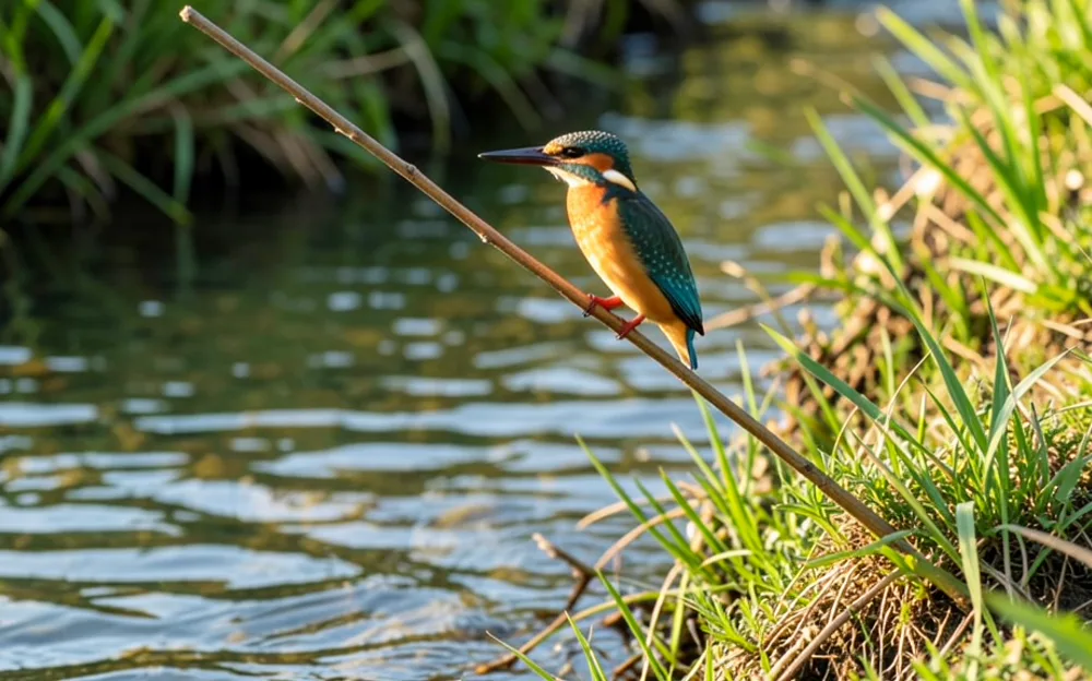 Kingfisher with bright orange and blue plumage perched on a reed above a clear freshwater river