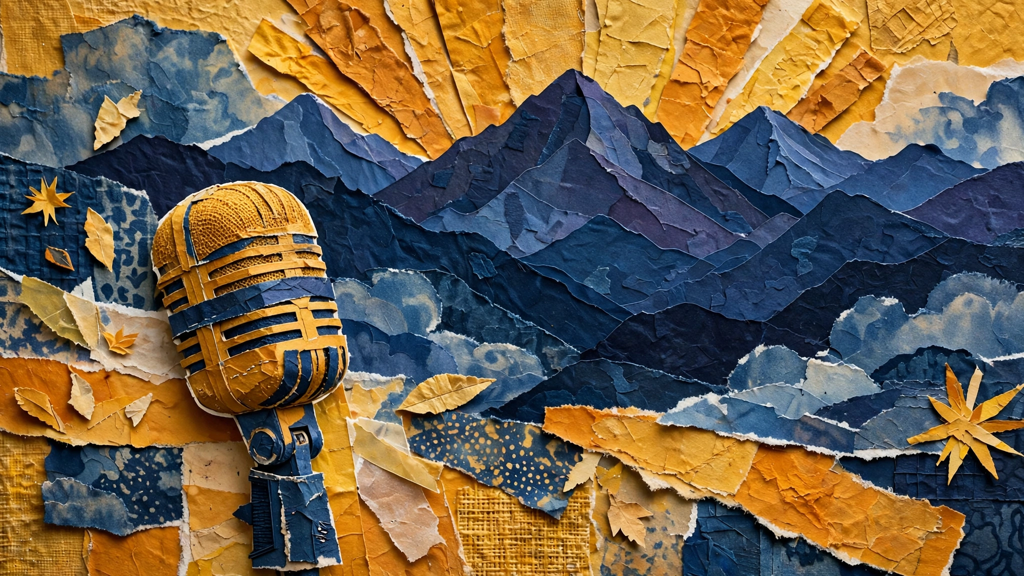 Language Documentation Needs Community Rights (thumbnail v2) Collage of a vintage microphone and mountain silhouettes in indigo and saffron