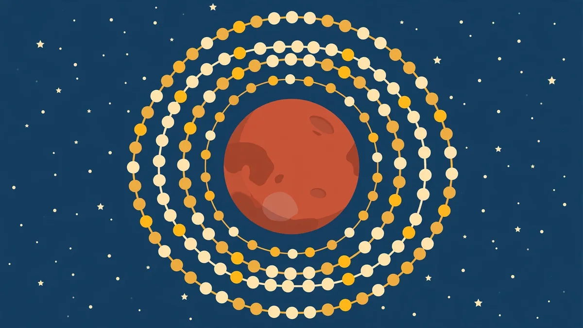 Life on Mars: ancient molecules, new clues Flat vector illustration of Mars at the centre of orbiting carbon-chain molecule models