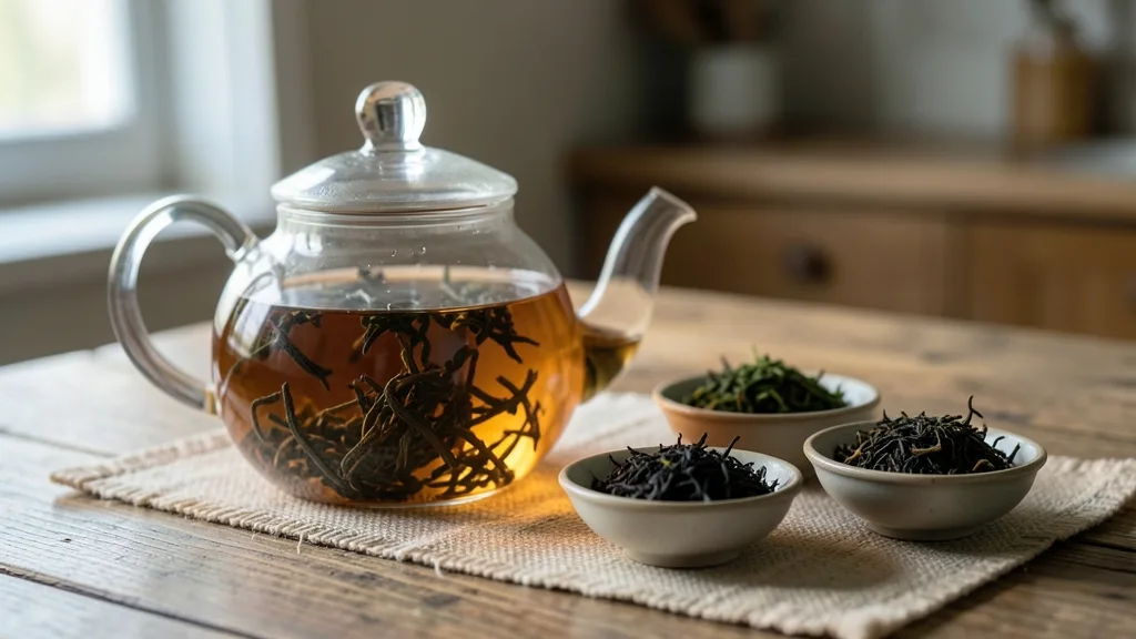 Glass teapot of loose-leaf tea on a wooden table with small bowls of dry tea leaves