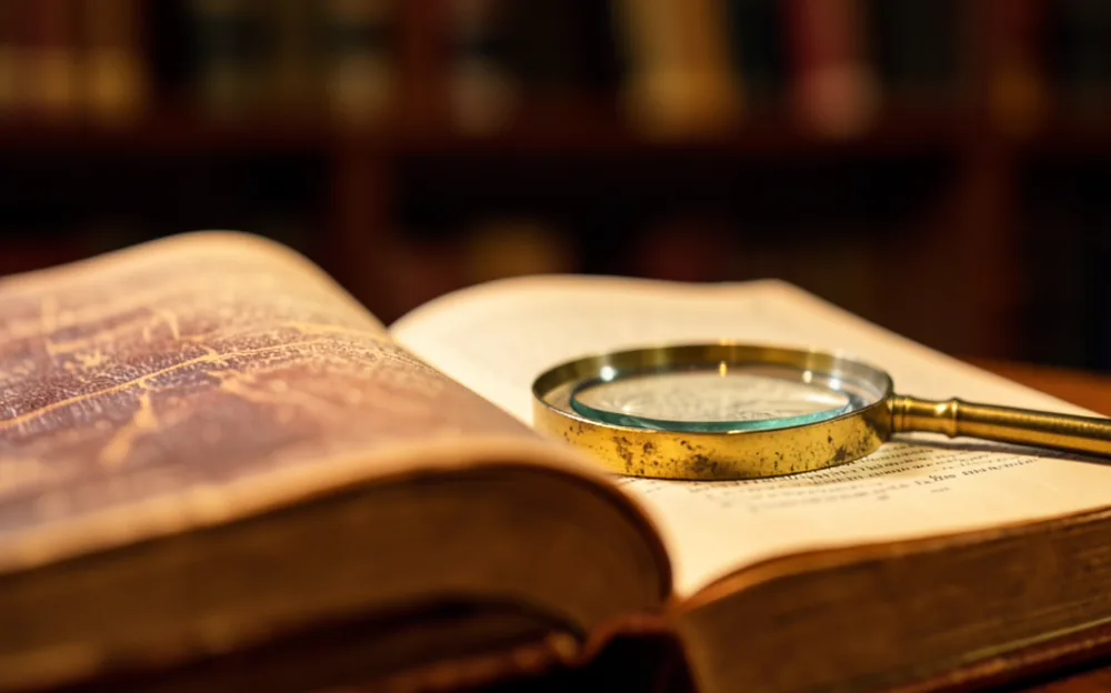 A brass magnifying glass resting on the open pages of a vintage law book in warm lamplight