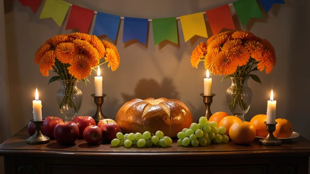 Home altar table with orange marigolds, lit candles, fruit and a round loaf under colourful paper banners