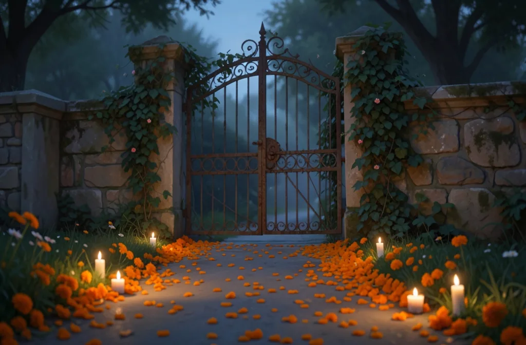 Path of orange marigold petals and small candles leading to an old iron gate at dusk