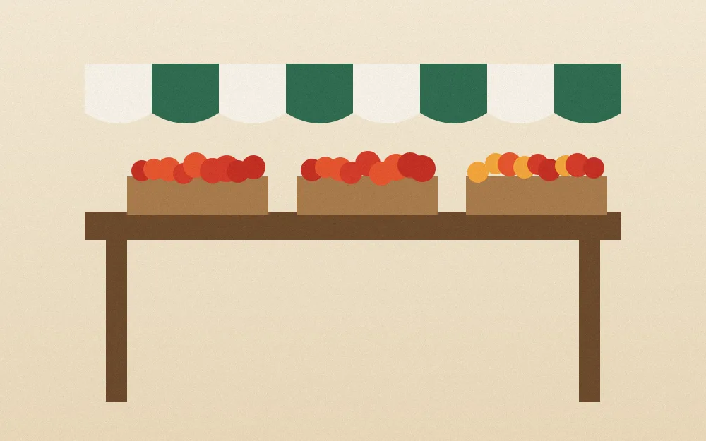 Illustration of a wooden market stall under a green and white awning with three crates of red and orange tomatoes