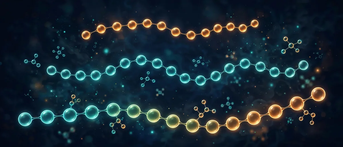 Illustration of three long beaded chains representing carbon atom chains of different lengths