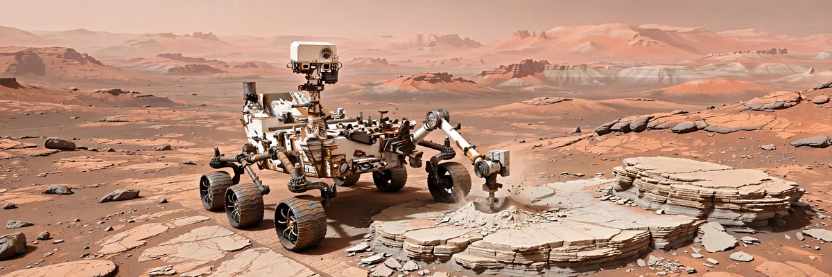 Illustration of NASA's Curiosity rover drilling into pale layered mudstone in Gale Crater on Mars