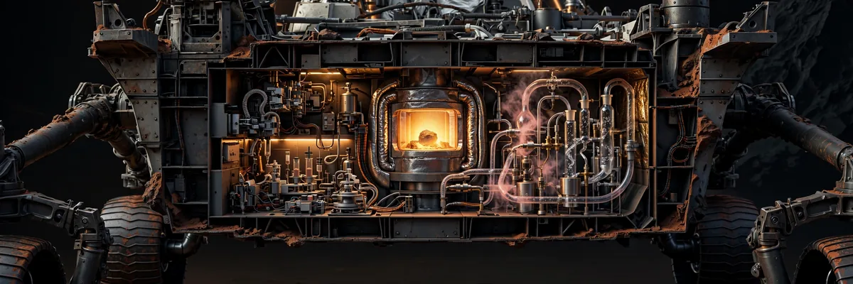 Cutaway illustration of the SAM chemistry laboratory inside the Curiosity rover with a glowing sample oven