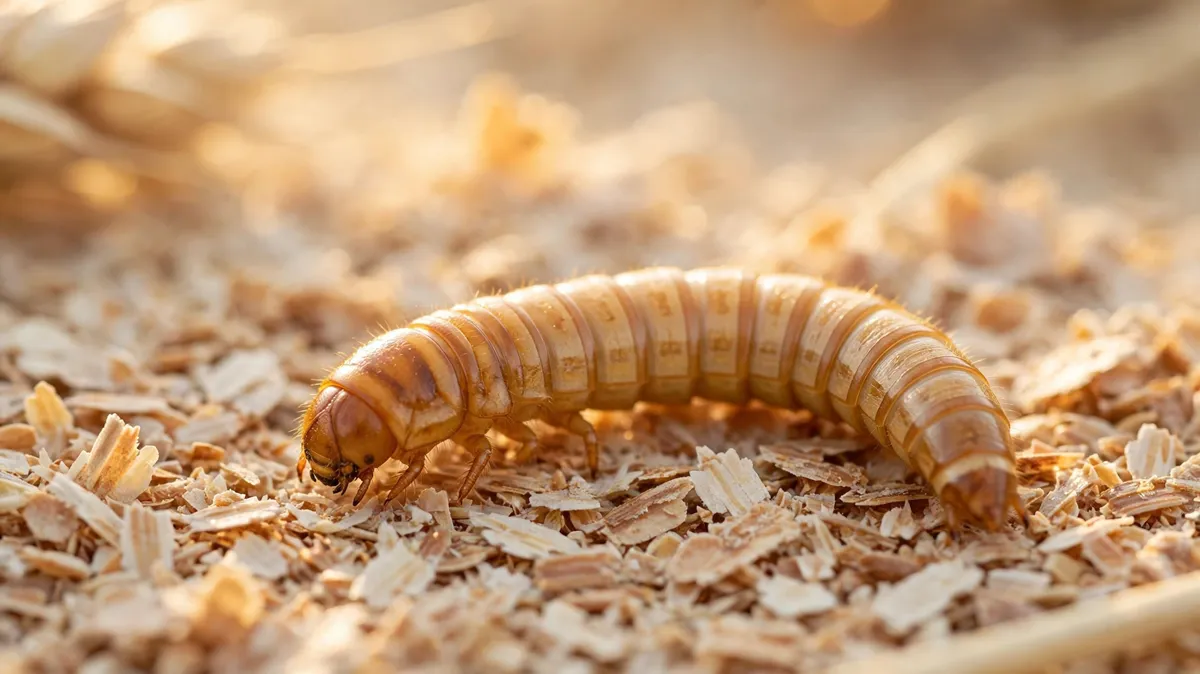 A golden mealworm larva on wheat bran in warm morning light
