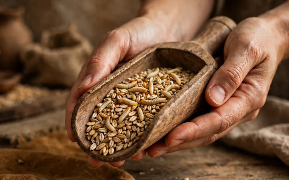Hands holding a wooden scoop of grain with mealworm larvae