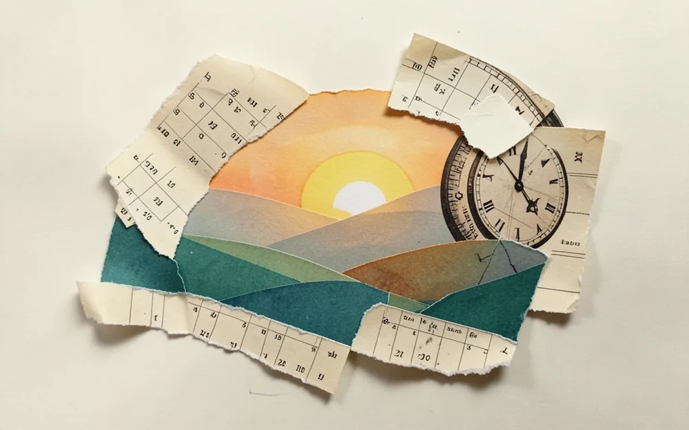 Paper collage of torn calendar pages and a clock fragment around a sunrise over hills