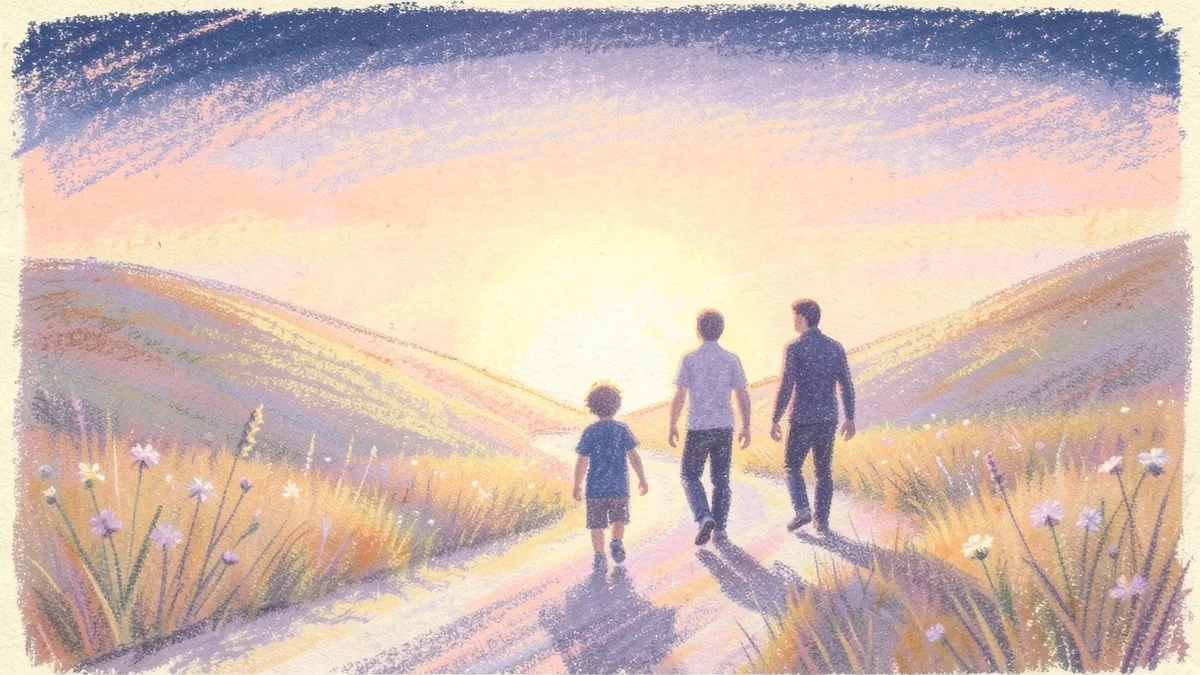 Chalk pastel drawing of three figures, a child, a teenager and an adult, walking along a path toward a dawn sunrise
