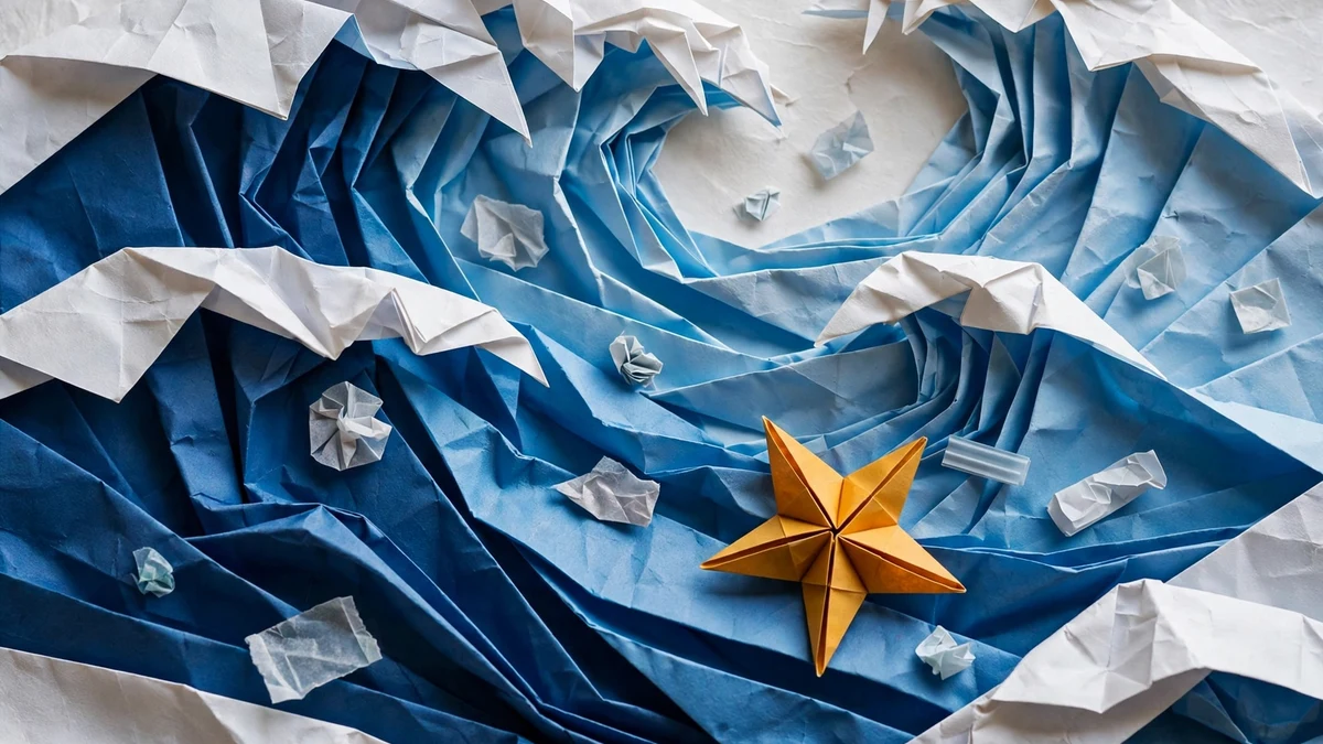 Microplastics explained – origami ocean illustration Origami paper-fold ocean waves with folded plastic fragments and an amber star accent, blue and white