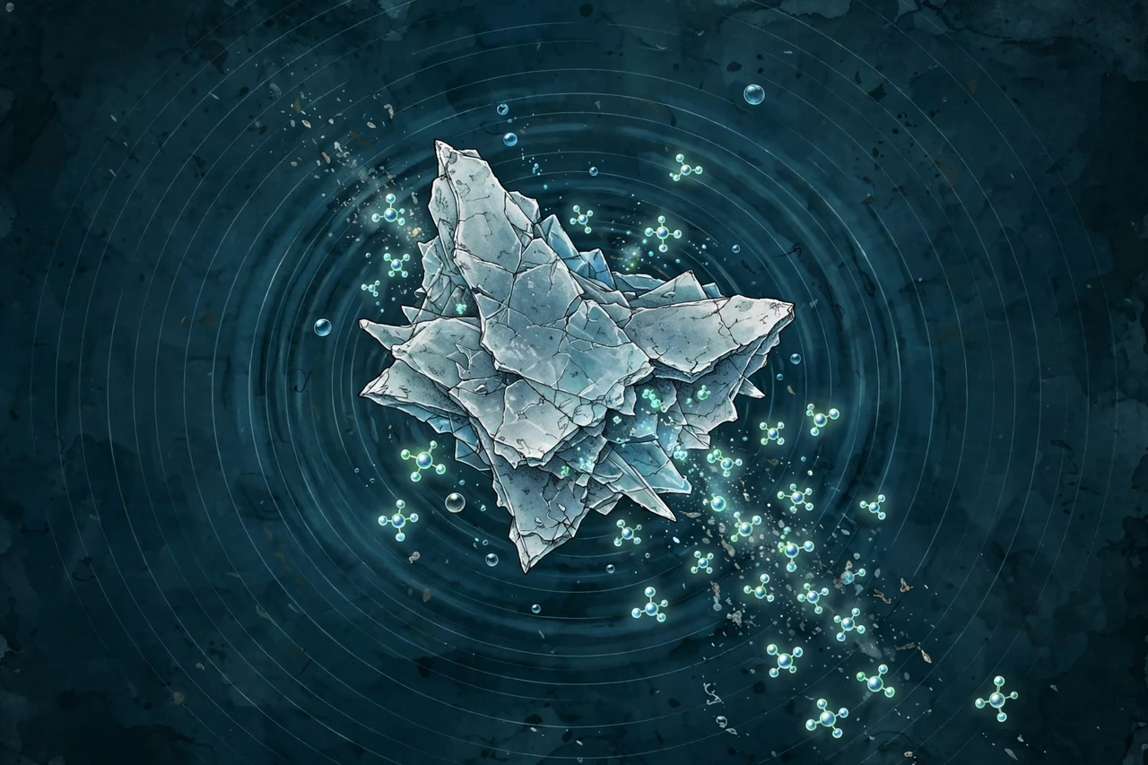 Scientific illustration of a jagged microplastic fragment in dark teal water releasing glowing reactive molecules