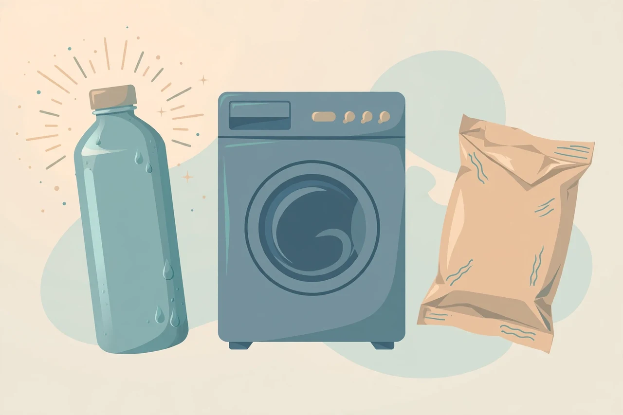 Flat vector illustration of a water bottle in sunlight, a washing machine, and a food wrapper - everyday sources of microplastics