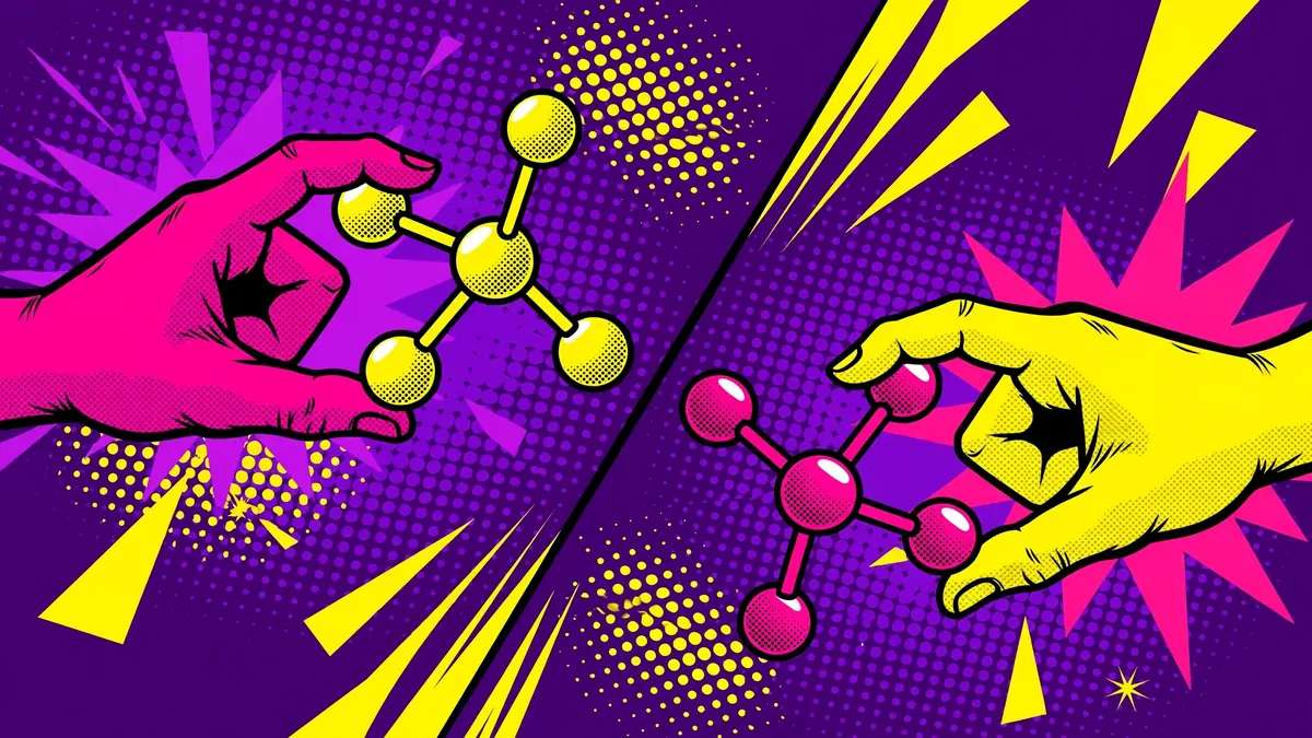 Pop-art halftone illustration of two mirrored hands each holding a mirror-image molecule model