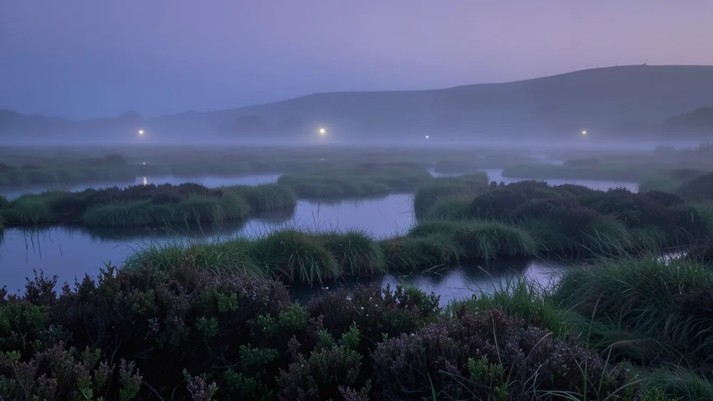 Misty peat bog at twilight with faint pale lights hovering over dark pools, heather in the foreground