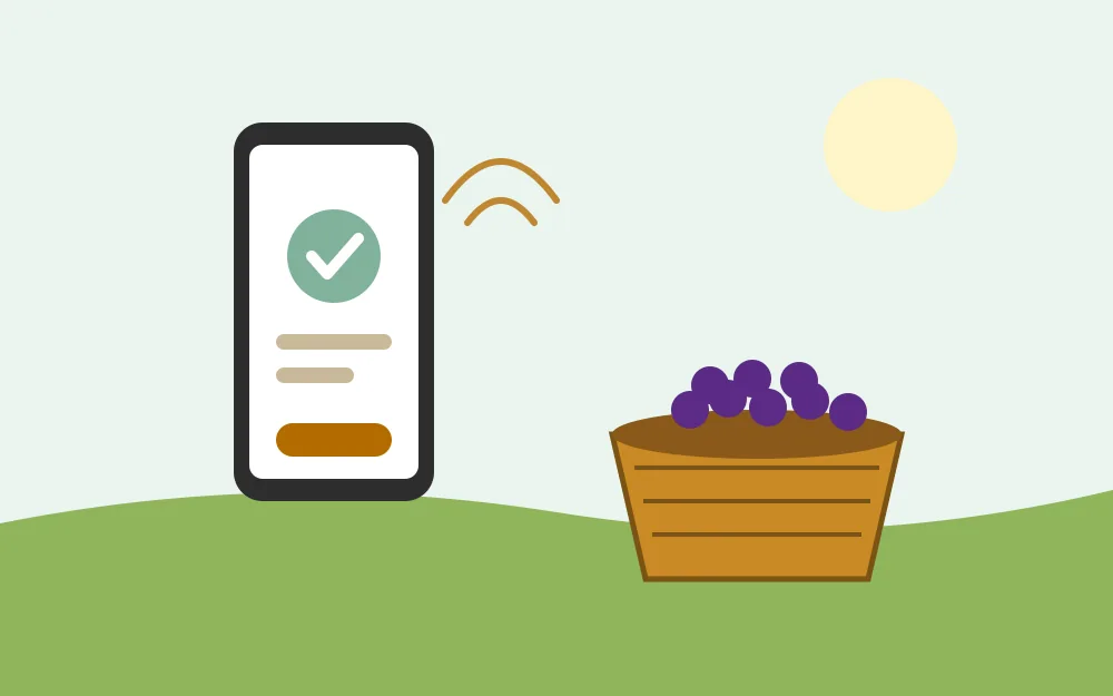 Illustration of a smartphone showing a confirmed payment beside a basket of purple berries