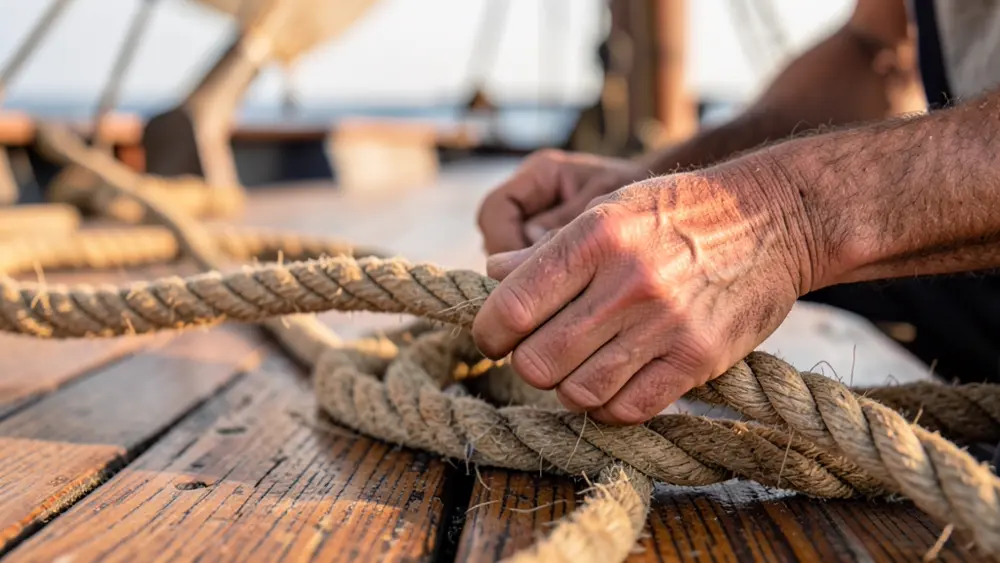 Weathered hands coiling a thick rope on the wooden deck of an old sailing ship in morning light