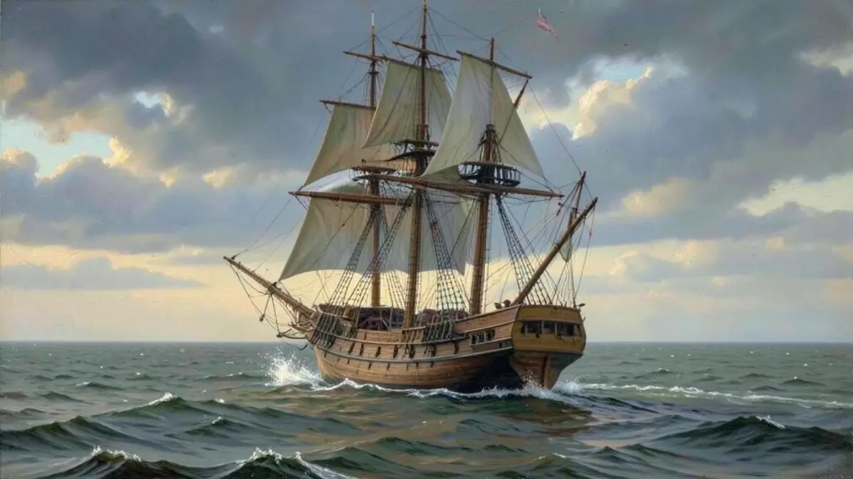 Moby Dick featured: whaling ship at dawn A 19th-century whaling ship under full sail on a grey-green ocean at dawn, painted style