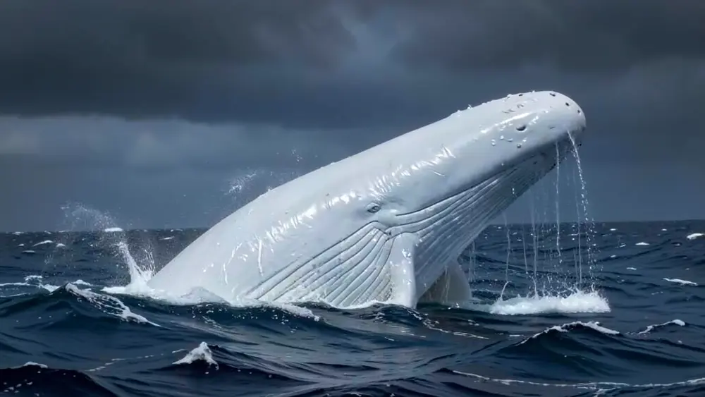 A great white whale breaching in dark stormy water under an overcast sky, painted style