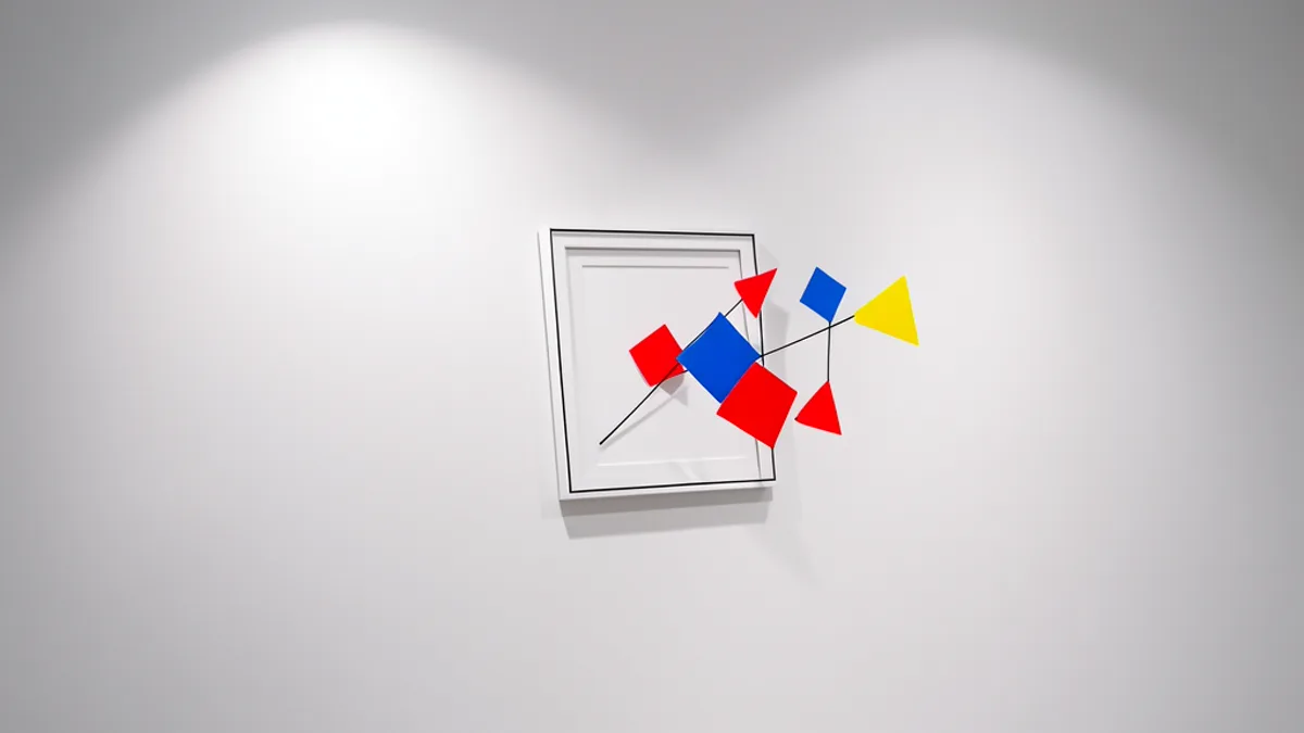 A white gallery wall with an empty tilted picture frame as red, blue and yellow geometric fragments drift free from it