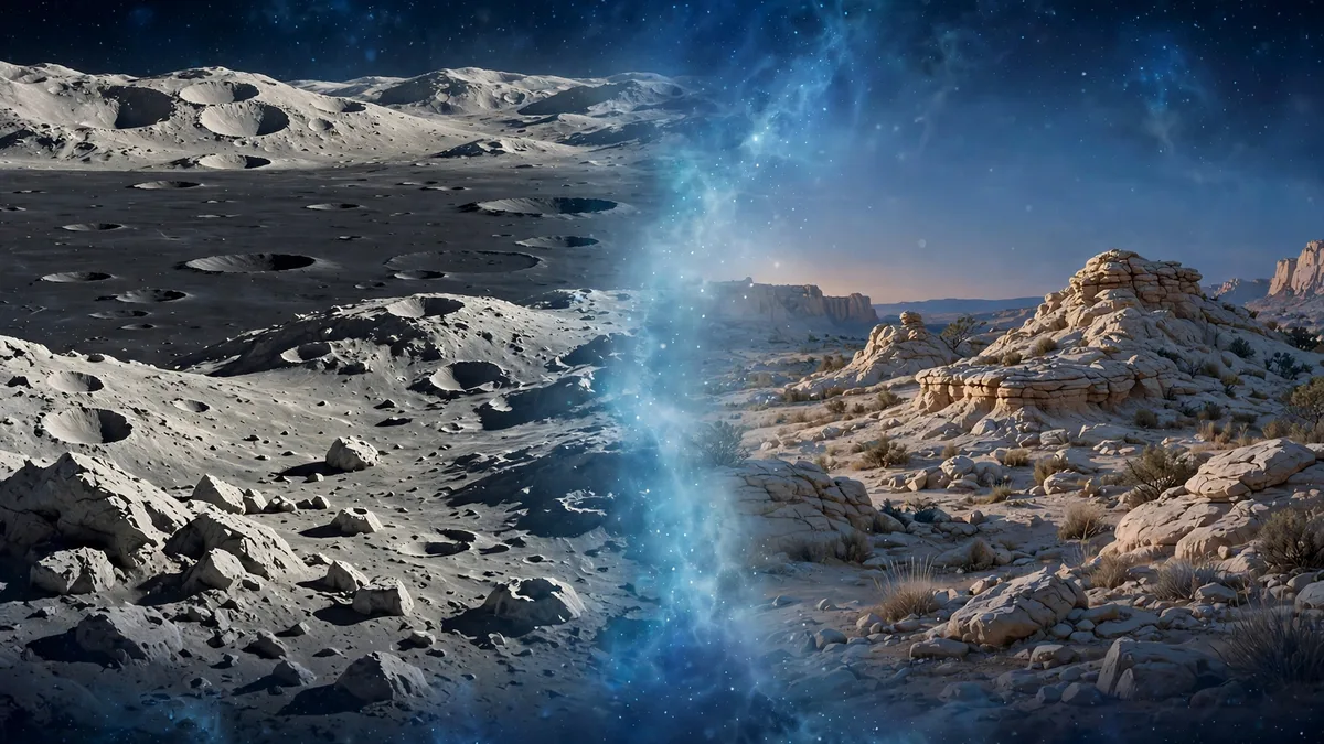 Illustration comparing the bright lunar highlands of the Moon with the pale anorthosite massif in Madagascar