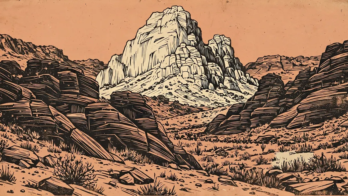 Madagascar’s moon rocks, seen from space Linocut print of a bright pale rock massif rising among dark banded rocks in an arid landscape