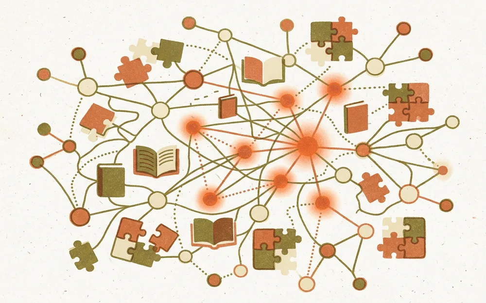 Risograph network of glowing nodes linking books and puzzle pieces in terracotta and olive