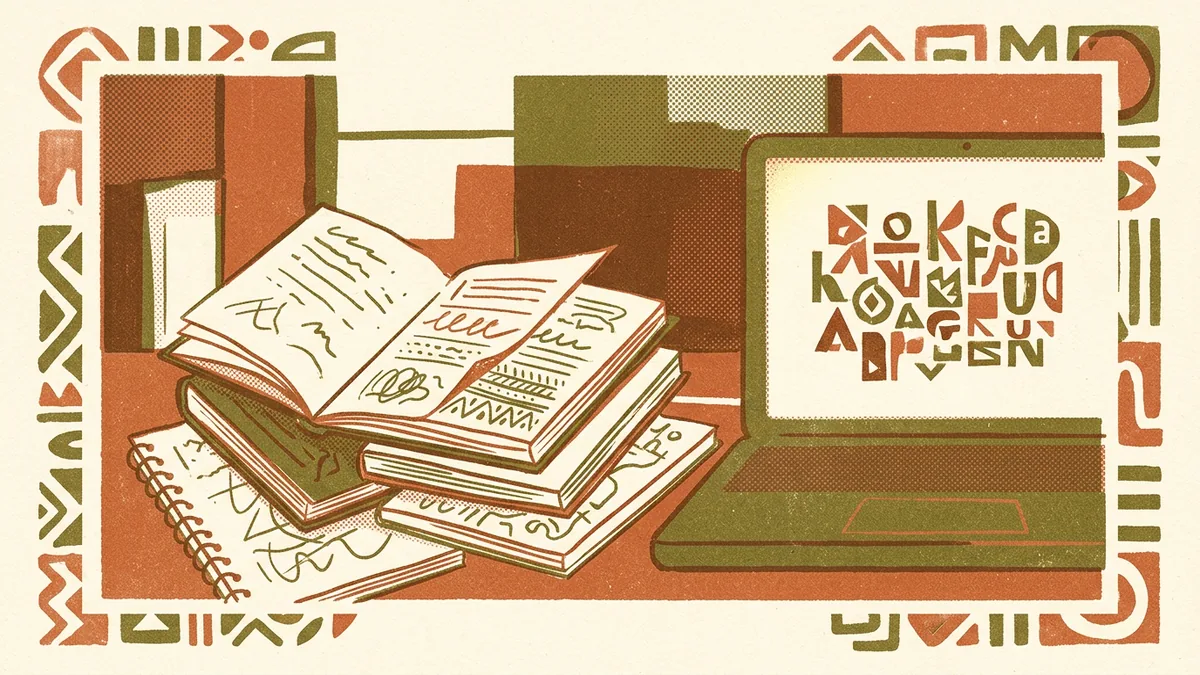 Musah Fuseini Dagbani activism risograph featured Risograph-style illustration of open notebooks beside a laptop showing abstract letterforms in terracotta and olive
