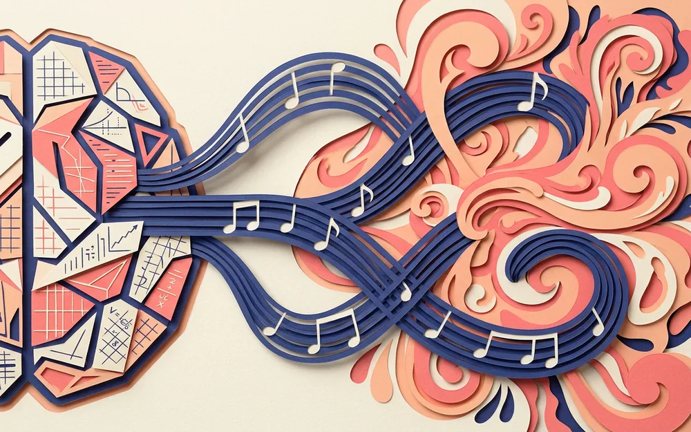 Paper-cut illustration of coral brain shapes sending indigo musical staff ribbons and notes across a cream background