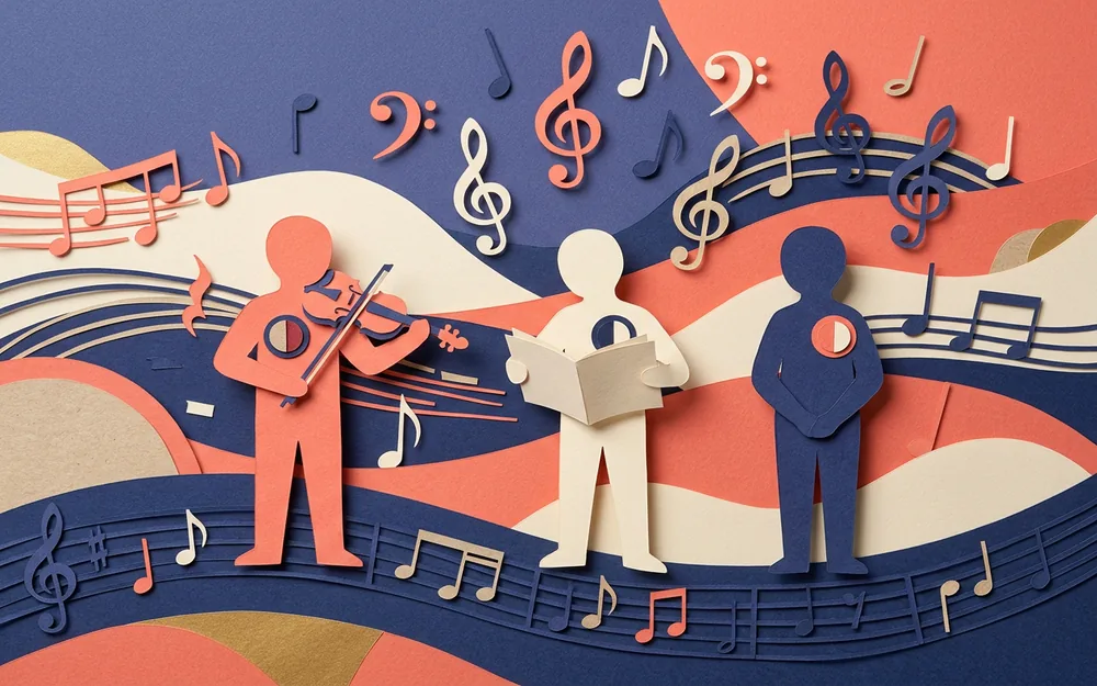 Paper-cut illustration of three faceless figures with split-colour badges among swirling musical clefs and notes